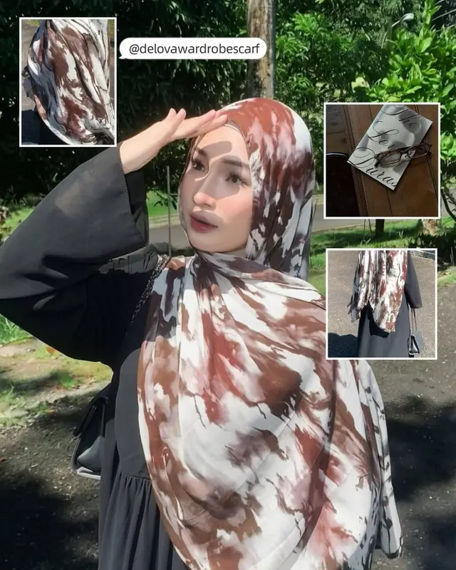 Delova Scarf motif mauve dipakai gaya kasual, OOTD sehari-hari