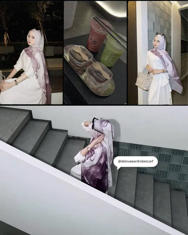 Delova Scarf motif choco marble dipakai dengan outer hitam, gaya outdoor kasual